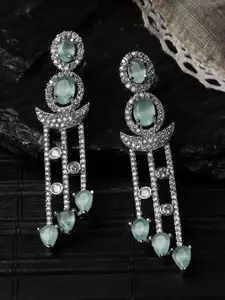 ZENEME Rhodium-Plated American Diamond Studded Crescent Shape Drop Earrings