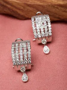 ZENEME Rhodium-Plated American Diamond Studded Teardrop Shaped Drop Earrings