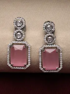 ZENEME Rhodium-Plated American Diamond Studded Geometric Shaped Drop Earrings