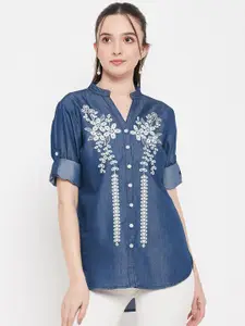 Ruhaans Floral Embroidered Notched Neck Roll Up Sleeves High Low Denim Shirt Style Top