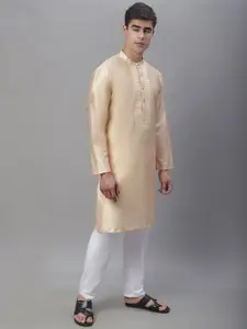 Anouk Cream-Coloured & White Band Collar Mirror Work Kurta With Pyjamas
