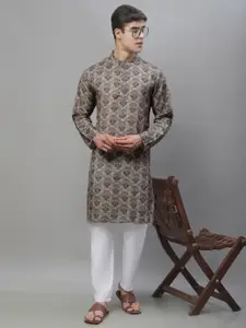 Anouk Brown & White Floral Printed Band Collar Pure Cotton Kurta With Pyjamas