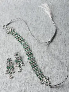 ZENEME Rhodium-Plated American Diamond Studded MultiStrand Necklace Earring Jewellery set