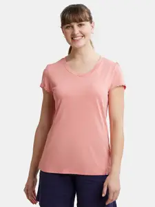 Jockey Micro Modal Cotton Relaxed Fit Solid V Neck T-Shirt with Lace Trim On Sleeves