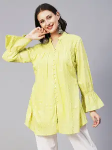 FASHOR Floral Embroidered Bell Sleeves Thread Work Pure Cotton Kurti