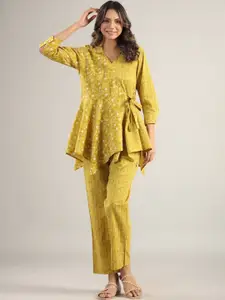 JISORA Mustard Yellow & White Ethnic Motifs Printed Pure Cotton Top With Trousers