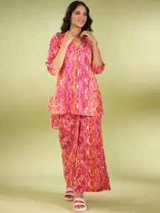 JISORA Pink & White Abstract Printed Pure Cotton Night Suit
