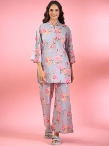 JISORA Blue & Peach-Coloured Floral Printed Pure Cotton Night Suit