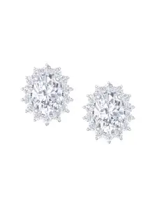 Inddus Jewels Rhodium-Plated Cubic Zirconia Oval Shaped Studs Earrings