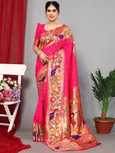 Satrani Pink & Purple Ethnic Motifs Woven Design Zari Paithani Saree