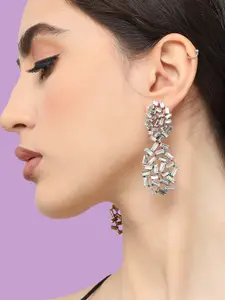 SOHI Silver-Plated Contemporary Stone Studded Drop Earrings