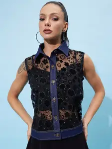 Athena Blue Self Design Shirt Collar Sleeveless Sheer Net Shirt Style Top