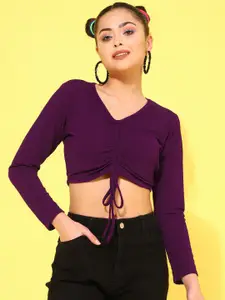 Oomph! V-Neck Long Sleeves Gathered Ruched Crop Top