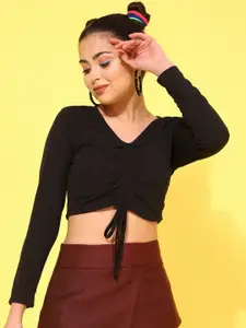 Oomph! V-Neck Long Sleeves Ruched Fitted Crop Top