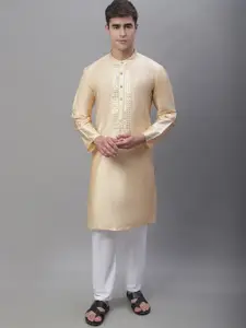 Anouk Cream-Coloured Band Collar Mirror Work Kurta