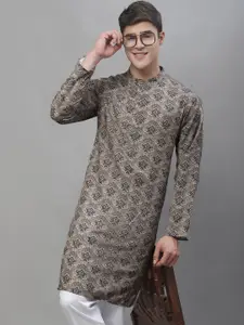 Anouk Beige & Black Ethnic Motif Printed Band Collar Pure Cotton Kurta