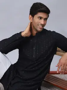 Anouk Black Embroidered Band Collar Sequinned Kurta
