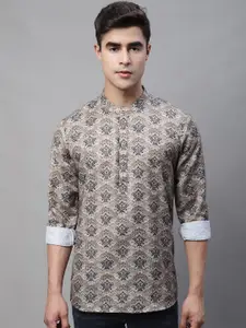Anouk Beige & Black Ethnic Motif Printed Band Collar Pure Cotton Short Kurta
