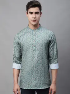 Anouk Teal & Red Ethnic Motif Printed Band Collar Short Kurta