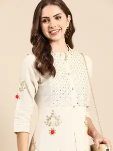 SHOWOFF Floral Embroidered Mandarin Collar Mirror Work A-Line Kurta