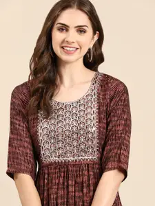 SHOWOFF Abstract Printed Yoke Design Zari A-Line Pleated Dupion Silk Kurta