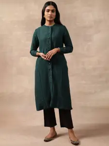 W The Folksong Collection Teal Green Round Neck Pure Wool Regular A-Line Kurta