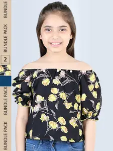 Cutiekins Girls Pack Of 2 Printed Off Shoulder Puff Sleeves Tops