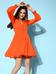 Antheaa Self Design Puff Sleeve Chiffon Fit & Flare Mini Dress