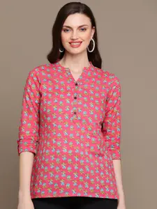 HERE&NOW Pink & Blue Ethnic Motifs Printed Pure Cotton Kurti