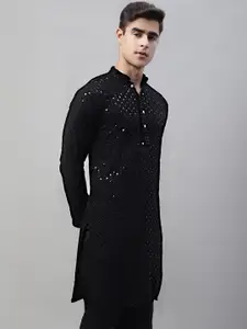 Jompers Floral Embroidered Mandarin Collar Sequinned Pure Cotton Kurta