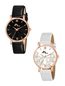 CERO Women Pack of 2 Analogue Leather Strap & Watch C-Com2-Black-White-Flow