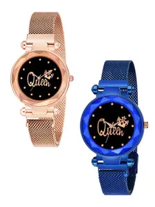 CERO Pack Of 2 Bracelet Style Straps Analogue Watch C-Com-Queen-Gold-Blue