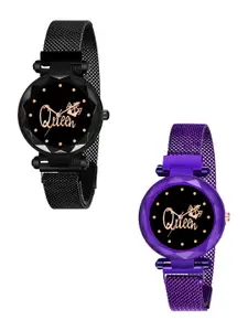 CERO Pack Of 2 Bracelet Style Straps Analogue Watch C-Com-Queen-Black-Purple
