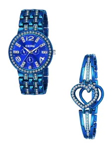 CERO Women Pack Of 2 Bracelet Style Straps Analogue Watch & Bracelet C-Com-Diamond-Blue