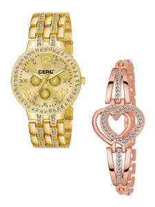 CERO Women Pack Of 2 Bracelet Style Straps Analogue Watch & Bracelet C-Com-Diamond-Gold