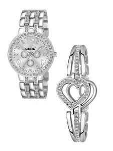 CERO Women Pack Of 2 Bracelet Style Straps Analogue Watch & Beacelet C-Com-Diamond-Silver