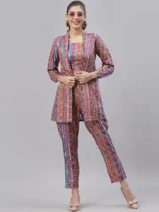Get Glamr Floral Printed Mirror Work Top And Trousers With Jacket