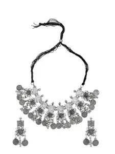 Shining Jewel - By Shivansh Silver-Plated Oxidised Afghani Choker & Earring Set