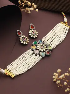 Saraf RS Jewellery Gold-Plated Stone-Studded & Beaded  Necklace & Earrings Set