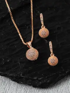 ZENEME Rose Gold-Plated Round Shape Pendant with Earrings