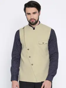 The Indian Garage Co Men Cream-Coloured Solid Slim Fit Pure Cotton Nehru Jacket
