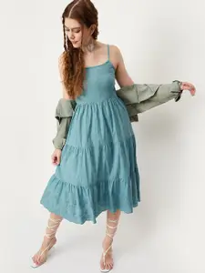max Self Design Shoulder Strap Schiffli Tiered  Pure Cotton Fit & Flare Midi Dress