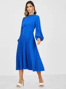 Styli Blue Puff Sleeve Accordion Pleated Fit & Flare Midi Dress