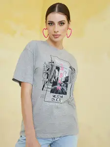 Styli Women Grey Printed Relaxed Fit Cotton T-shirt