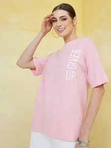 Styli Pink Typography Printed Relaxed Fit Cotton T-shirt