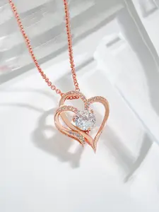 Yellow Chimes Rose Gold-Plated Stone-Studded Dual Heart Pendant With Chain