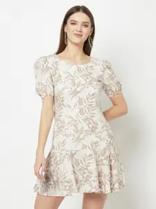 Crimsoune Club Print Puff Sleeve Linen A-Line Dress
