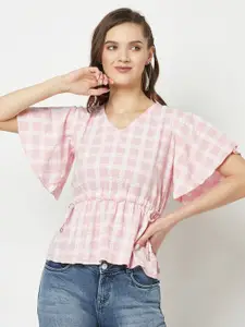 Crimsoune Club Checked Flared Sleeves Cinched Waist Top