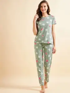 Sweet Dreams Green & Pink Conversational Printed Pure Cotton Night Suit