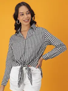 Freehand by The Indian Garage Co Black And White Checked Cuffed Sleeves Shirt Style Top
